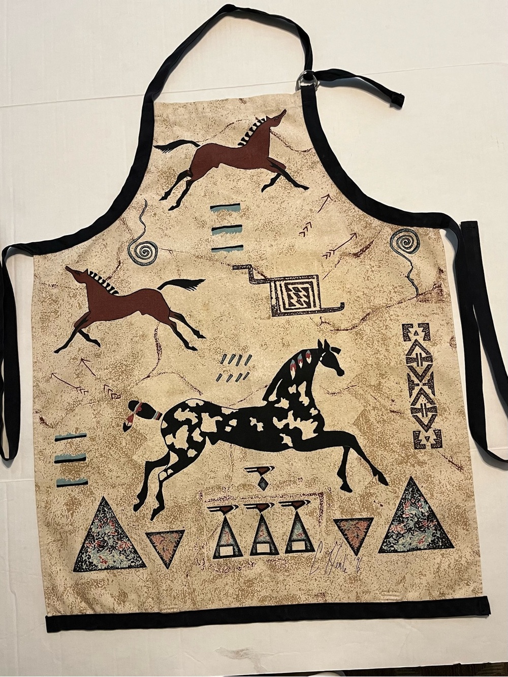 Southwestern Cecilia Henle 1996 Printed Apron Horses and Geometric Symbols